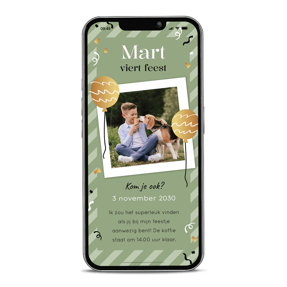 Stoere verjaardag uitnodiging kind met foto, strepen en ballonnen