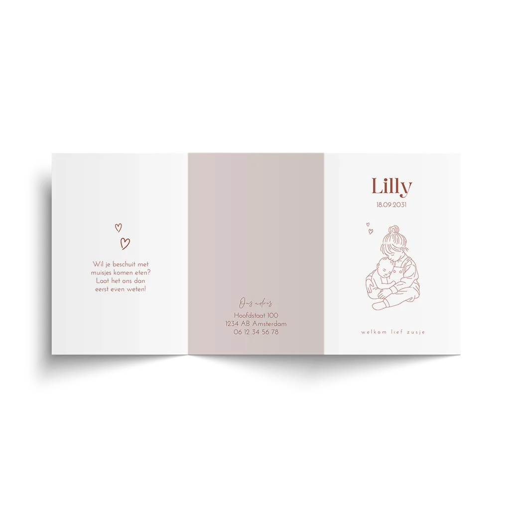 Zigzag kaartje met lijntekening baby met grote zus