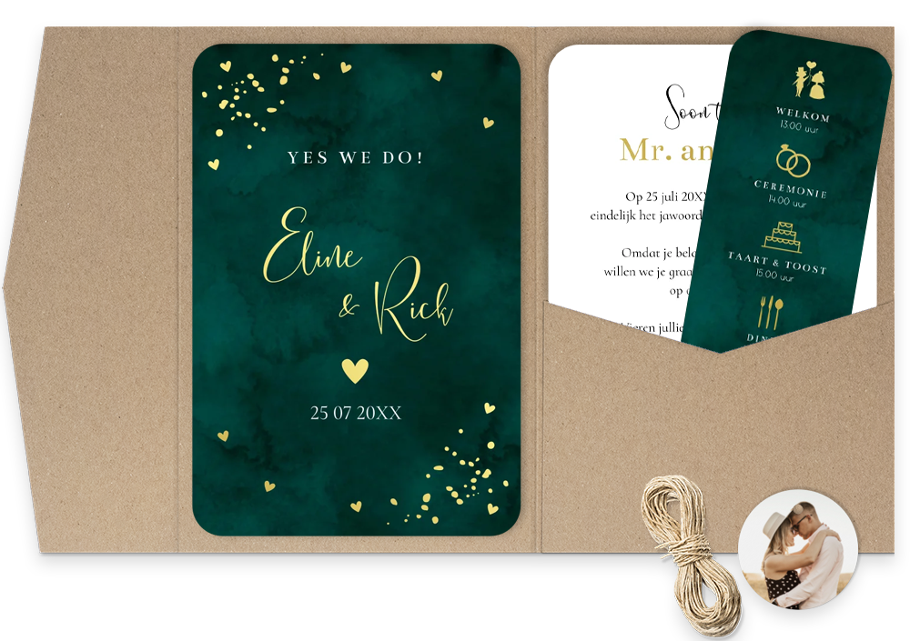 Pocketfold trouwkaart donkergroen met goudfolie trouw icoontjes