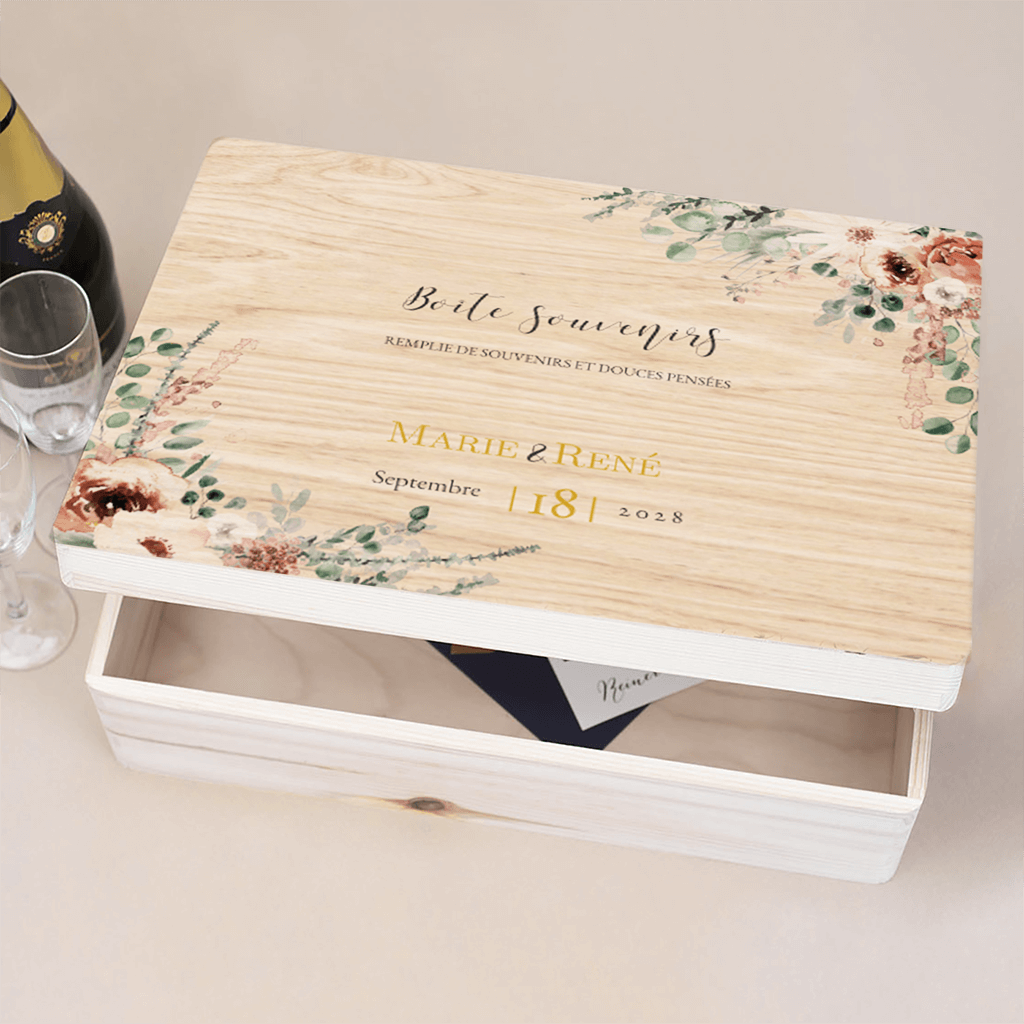 Boîte à souvenirs avec bouquets de fleurs et message à personnaliser