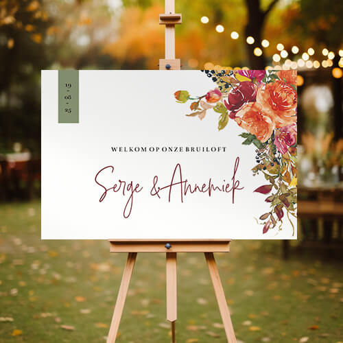Welkomstbord bruiloft oranje rode bloemen waterverf