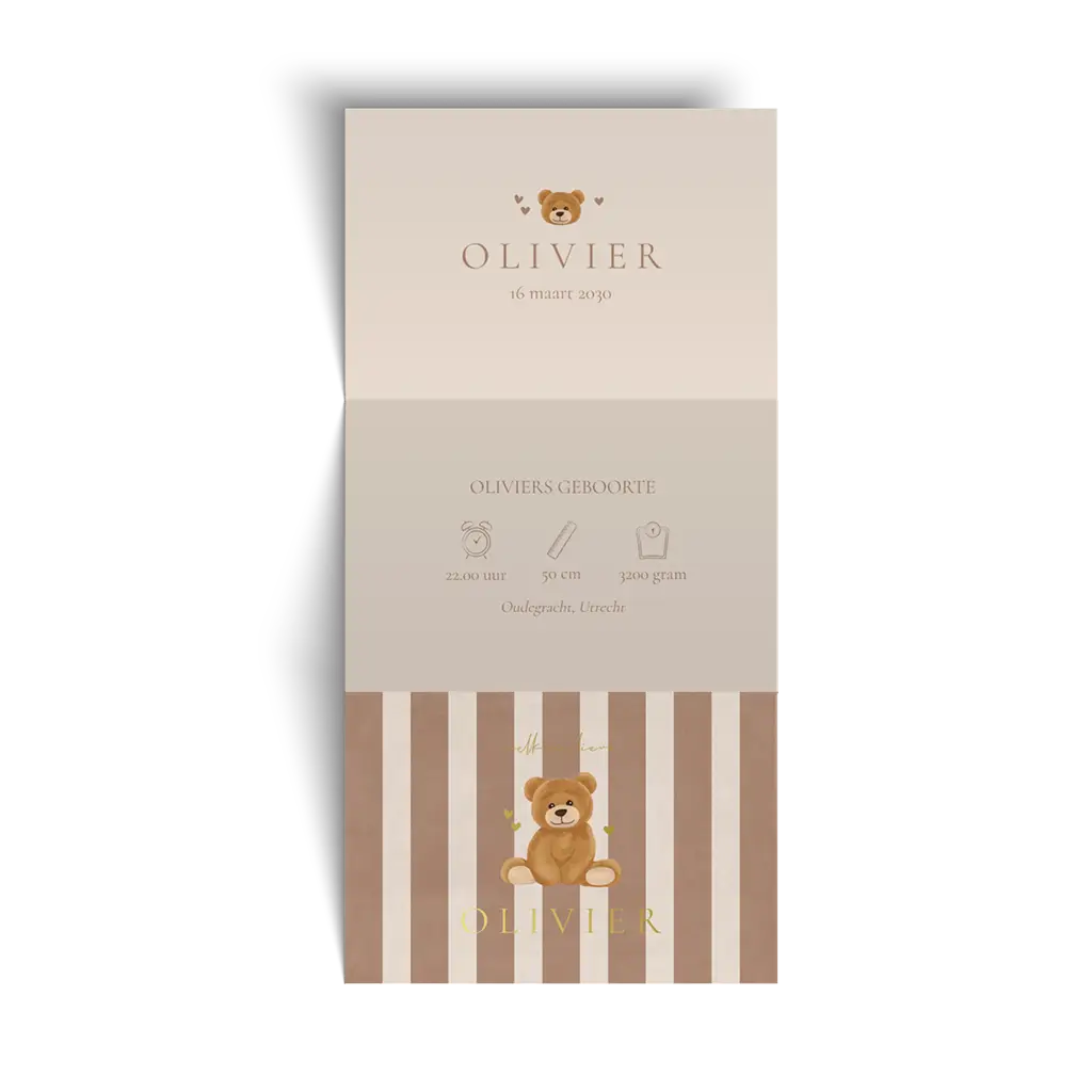 Lief drieluik geboortekaartje in beige met beertje op streepjes