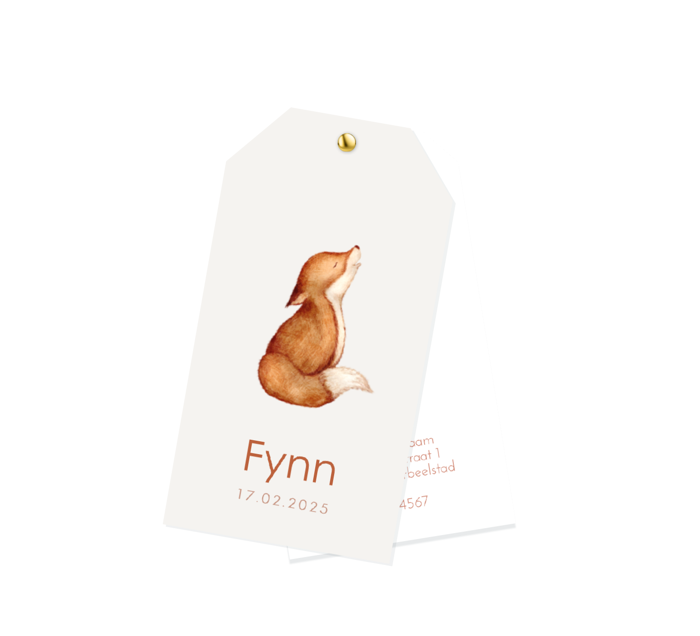 Stoer label geboortekaartje voor jongen met vos