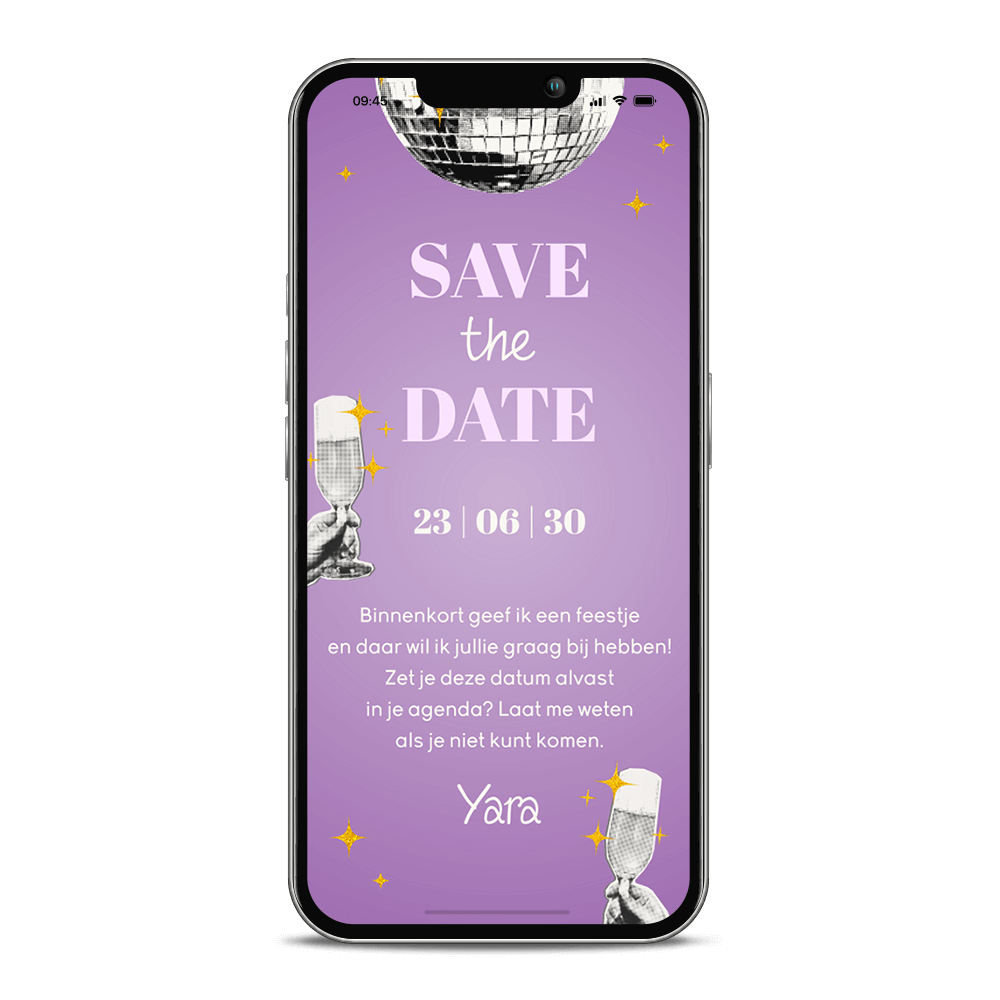 Digitale Save the Date verjaardagsfeest uitnodiging met discobal