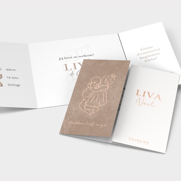 Geboortekaartje luikvouw meisje lijntekening zusjes goudfolie en roze