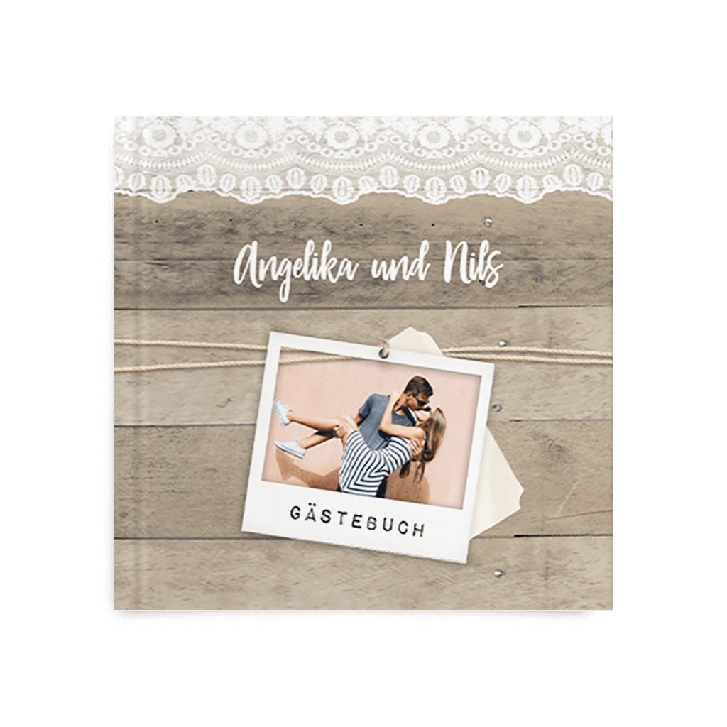 Gästebuch mit Spitze, Polaroid und robustem Holz-Look