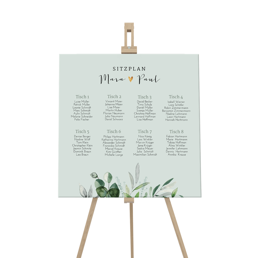 Hochzeit Sitzplan Schild mit grünen Aquarell Zweigen und goldenem Herz