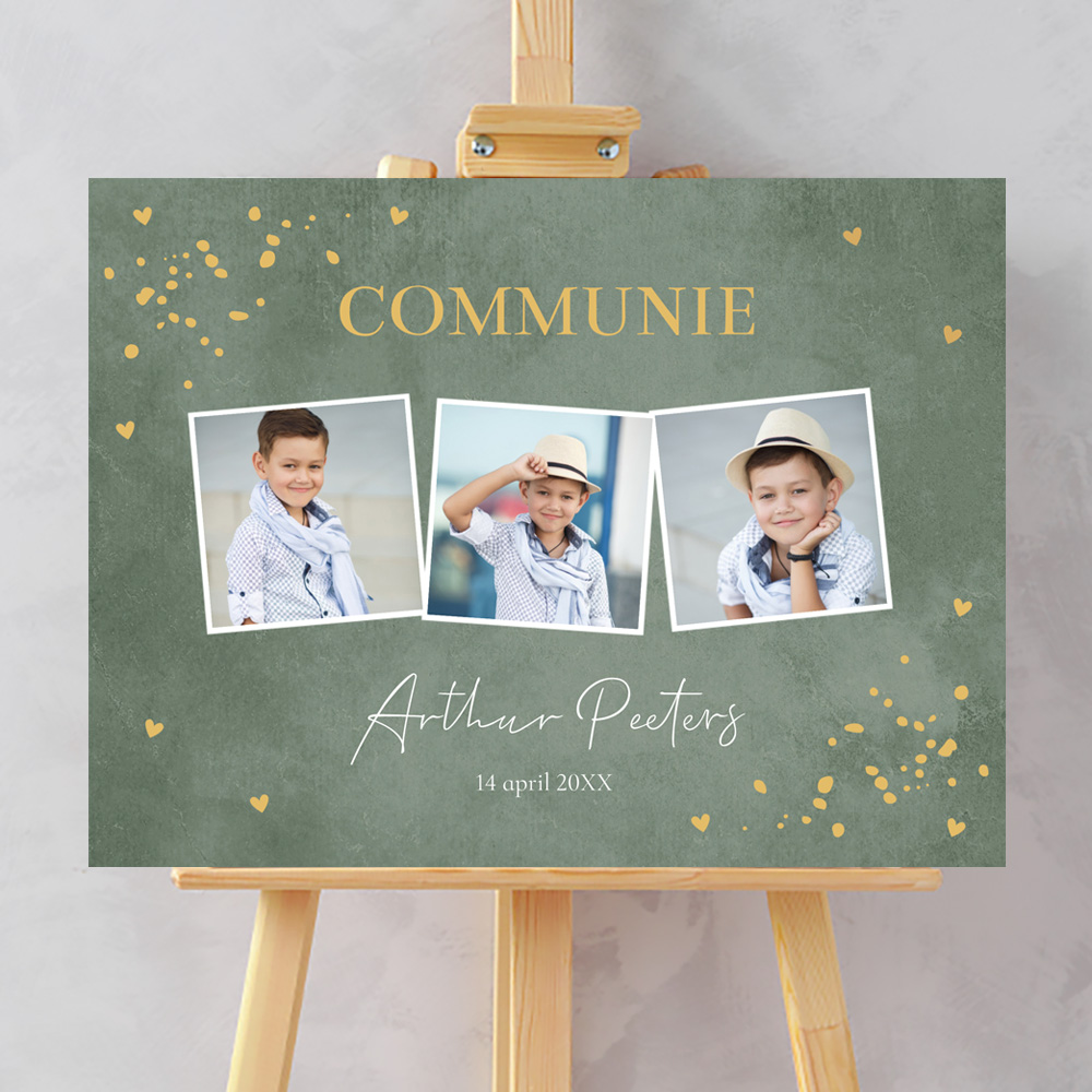 Welkomstbord communie jongen groen fotocollage