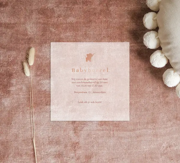 Kalkpapier kraamborrel uitnodiging roségoudfolie olifantje