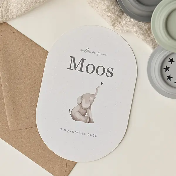 Ovaal geboortekaartje met illustratie olifantje