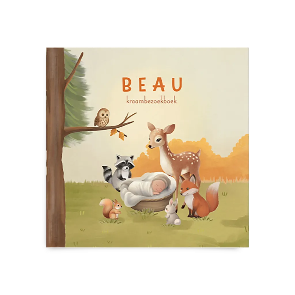 Kraambezoekboek met baby in mand, bosdieren en herfstlucht