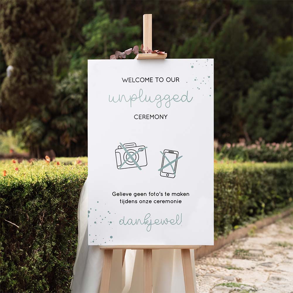 Unplugged ceremony bruiloftsbord met spetters