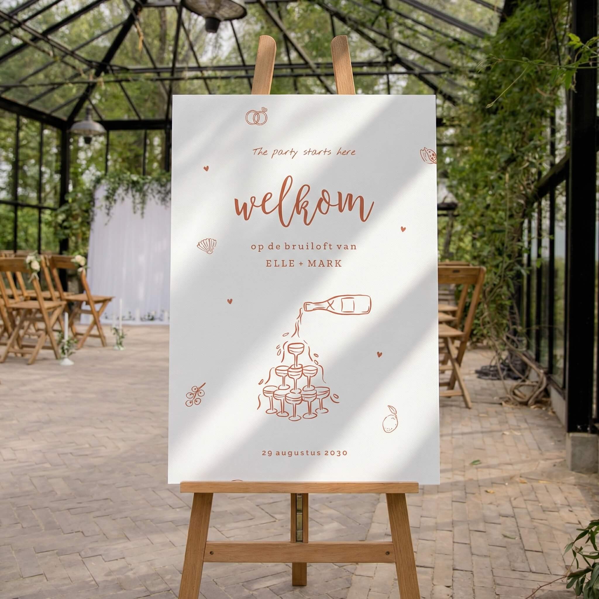 Welkomstbord bruiloft in Italiaanse stijl met illustraties