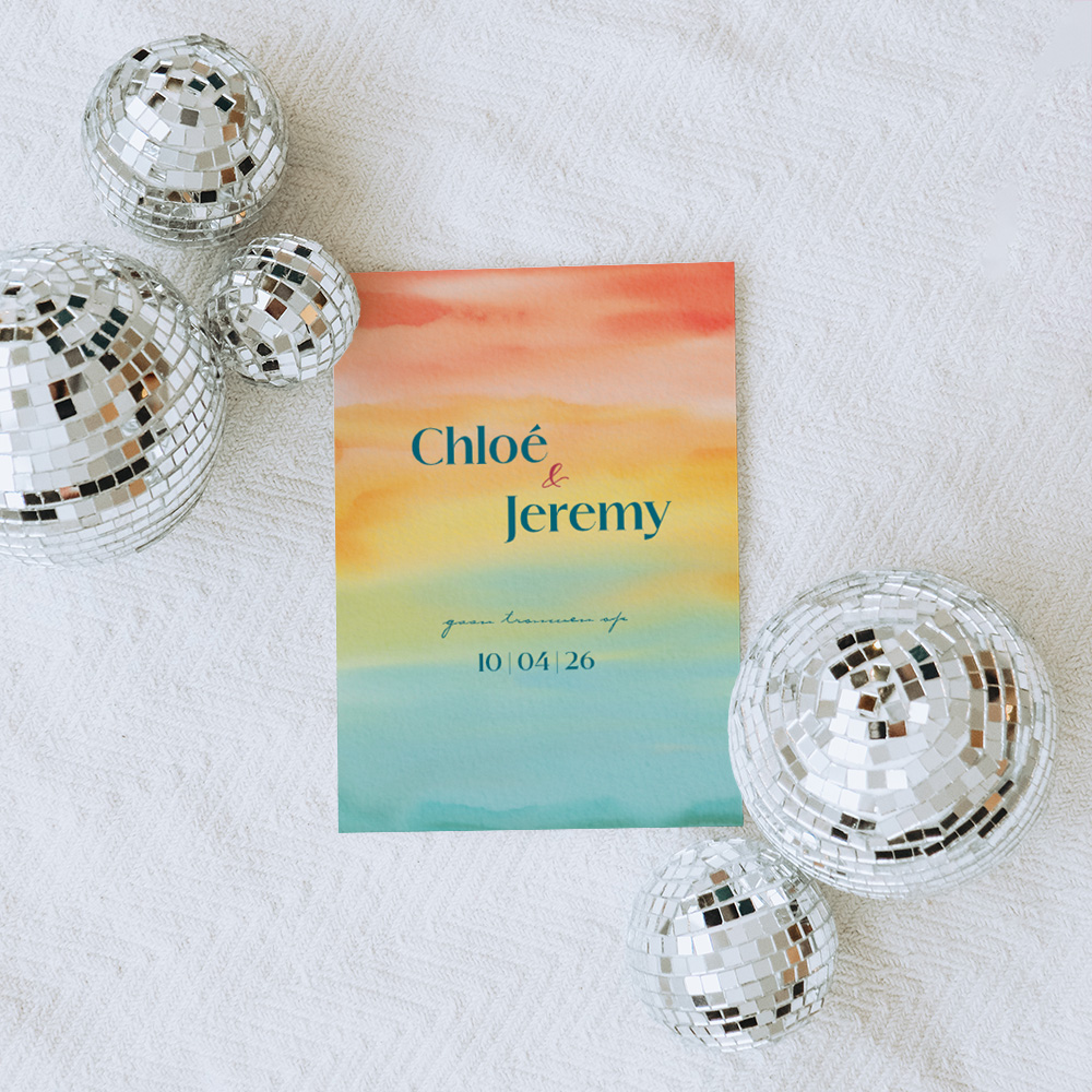 Trouwkaart met abstracte aquarel illustratie in felle kleuren.