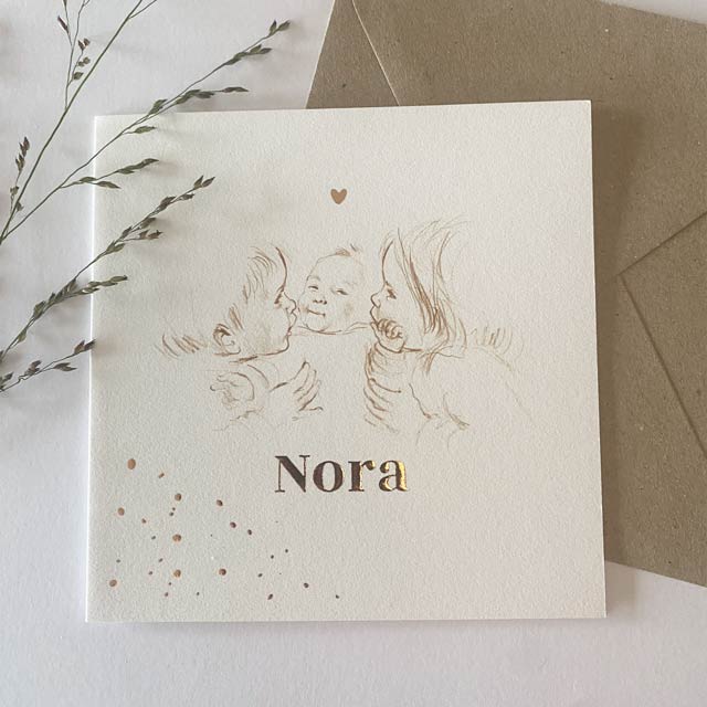 Geboortekaart pentekening sepia 3e kindje roségoudfolie