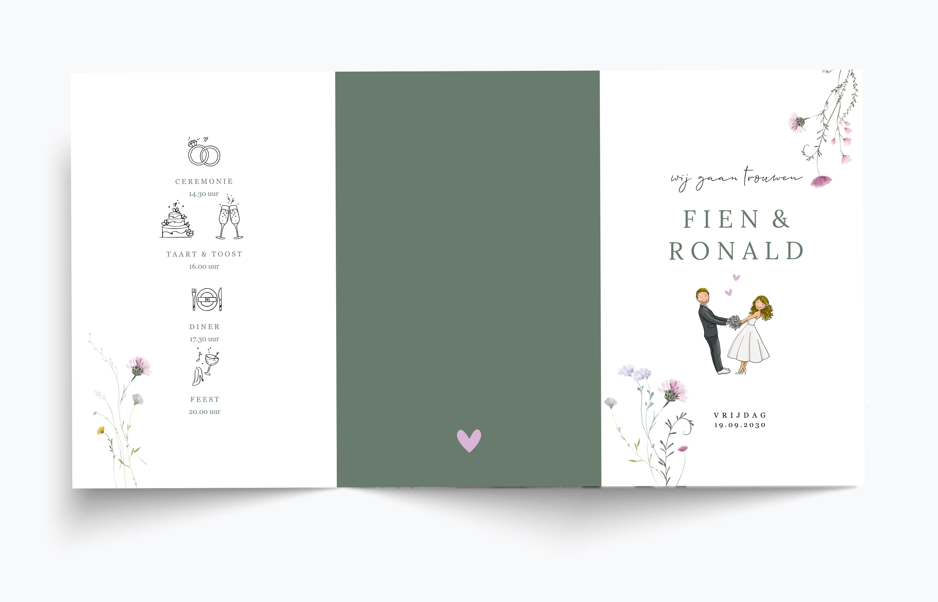 Zigzagkaart met bruidspaar en veldbloemen