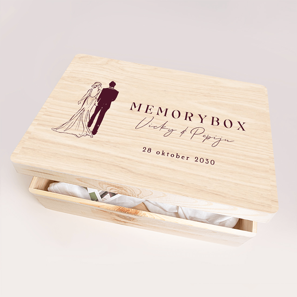 Memorybox huwelijk in roze met illustratie van bruidspaar