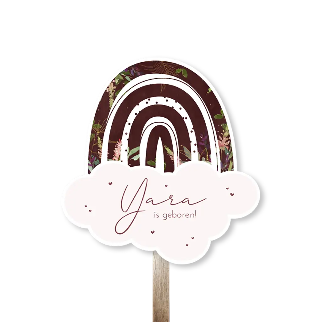 Tuinbord met takjes, bladeren en hartjes in de vorm van een regenboog