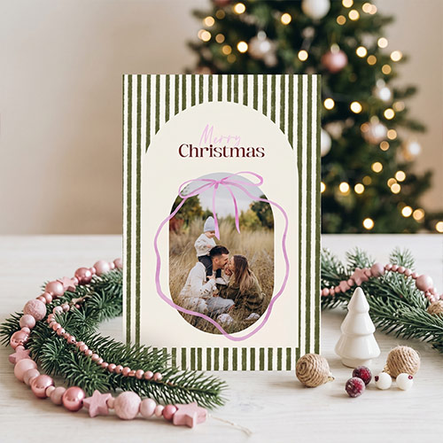 Kerstkaart eigen foto roze strik