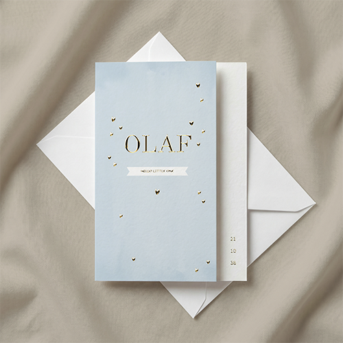 Lief geboortekaartje voor jongens met smalle voorkant en foliedruk