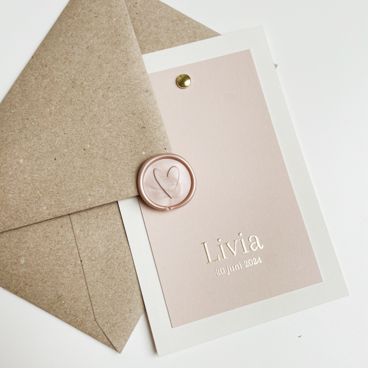 Meisjes geboortekaartje oudroze met goudfolie en foto