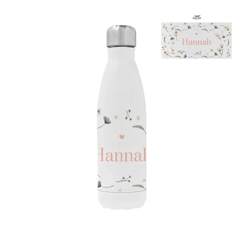 Trinkflasche aus Edelstahl mit bunten Wildblumen und Namen