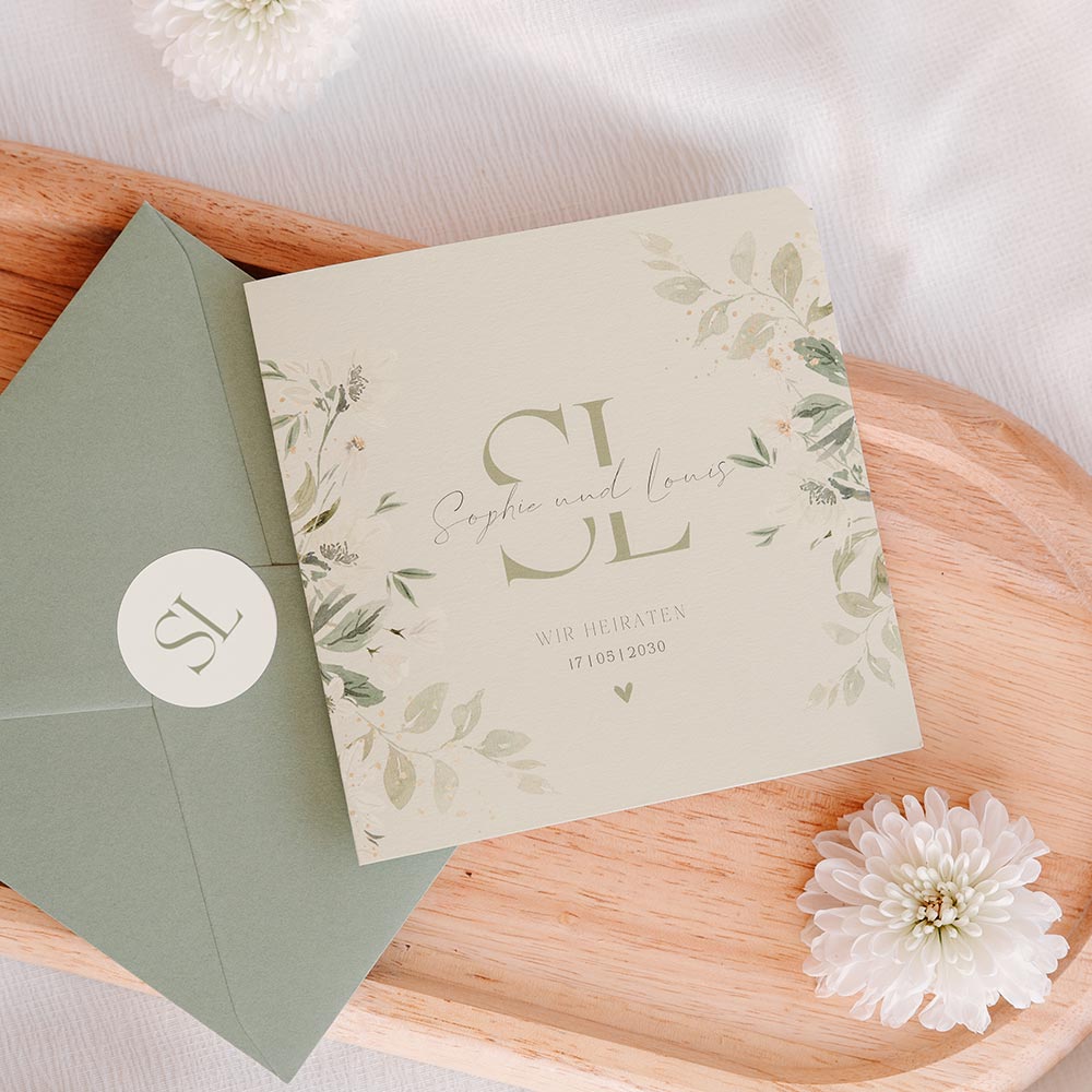 Elegante Hochzeitskarte in Grün mit Initialen und Blumen