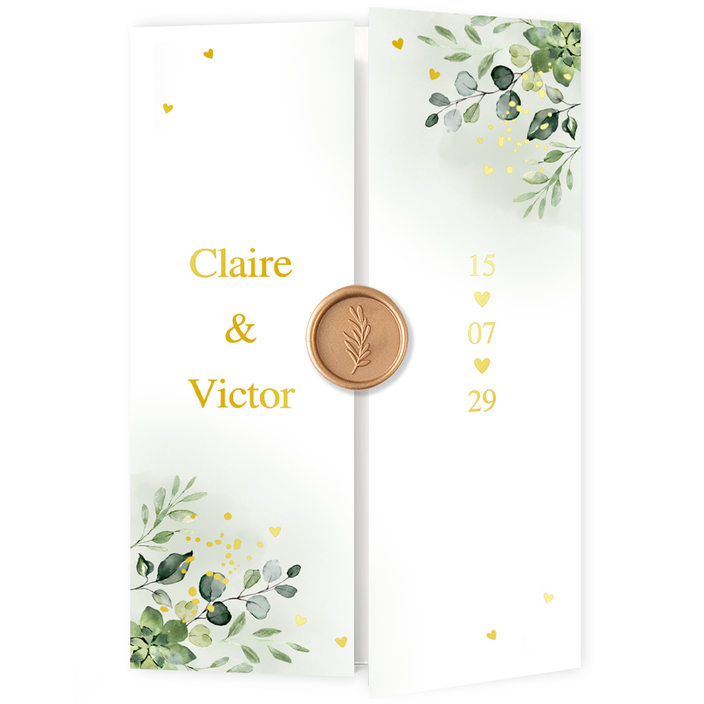 Romantische drieluik trouwkaart botanisch groen goudfolie