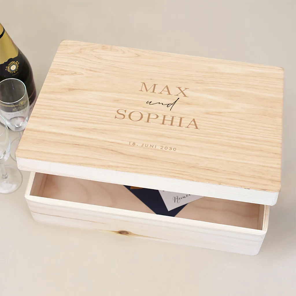 Erinnerungsbox Hochzeit mit eleganter Schrift und schlichtem Design