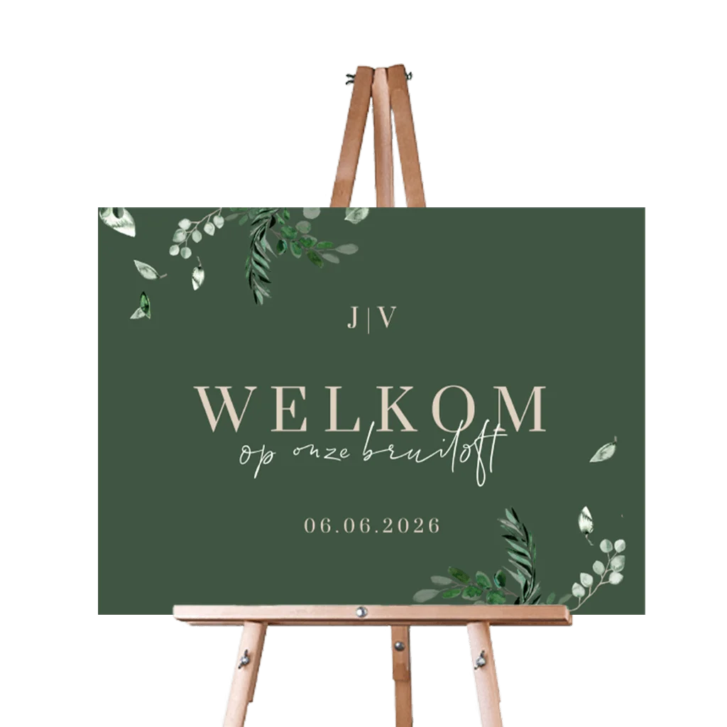 Stijlvol welkomstbord donkergroen met eucalyptus takjes