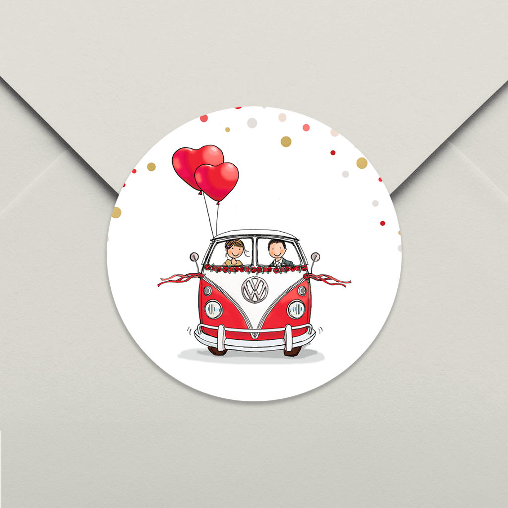 Aufkleber mit rotem Van und Konfetti