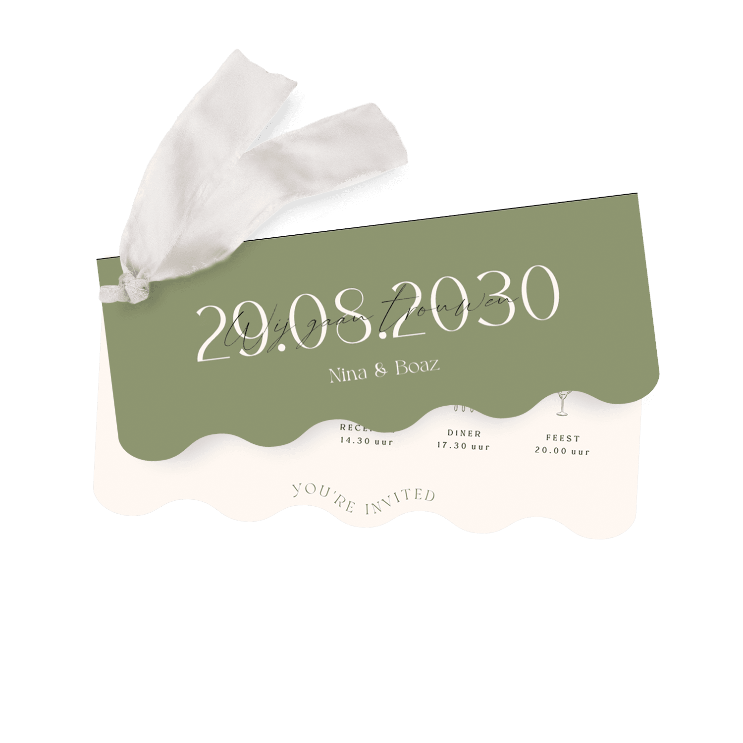 Trouwkaart met label in groen met dagprogramma en lint
