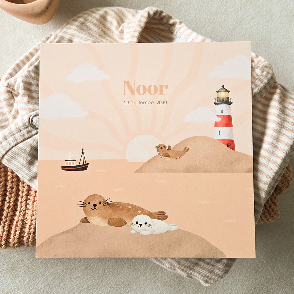 Meisjes geboortekaartje met de zee, een vuurtoren en zeehond