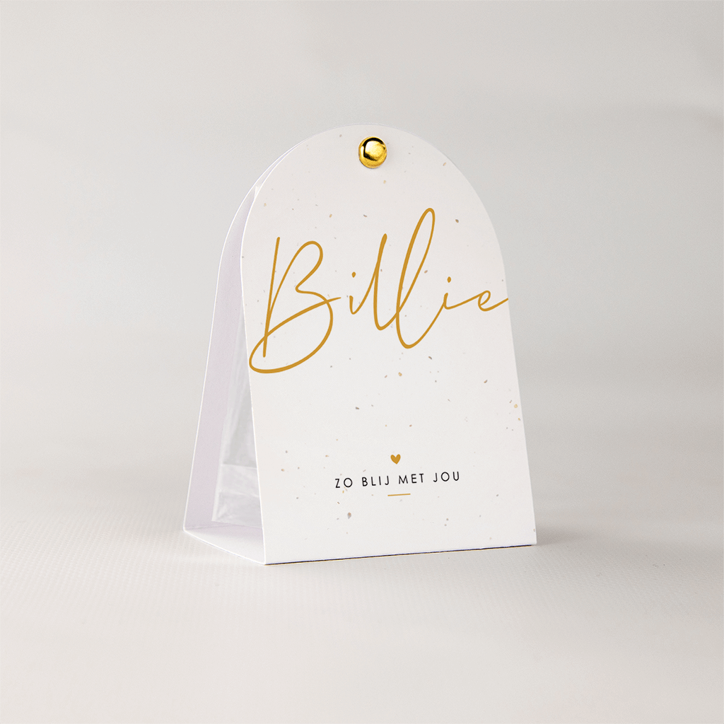 Doopsuiker tentkaartje met sierlijke letters neutrale kleuren