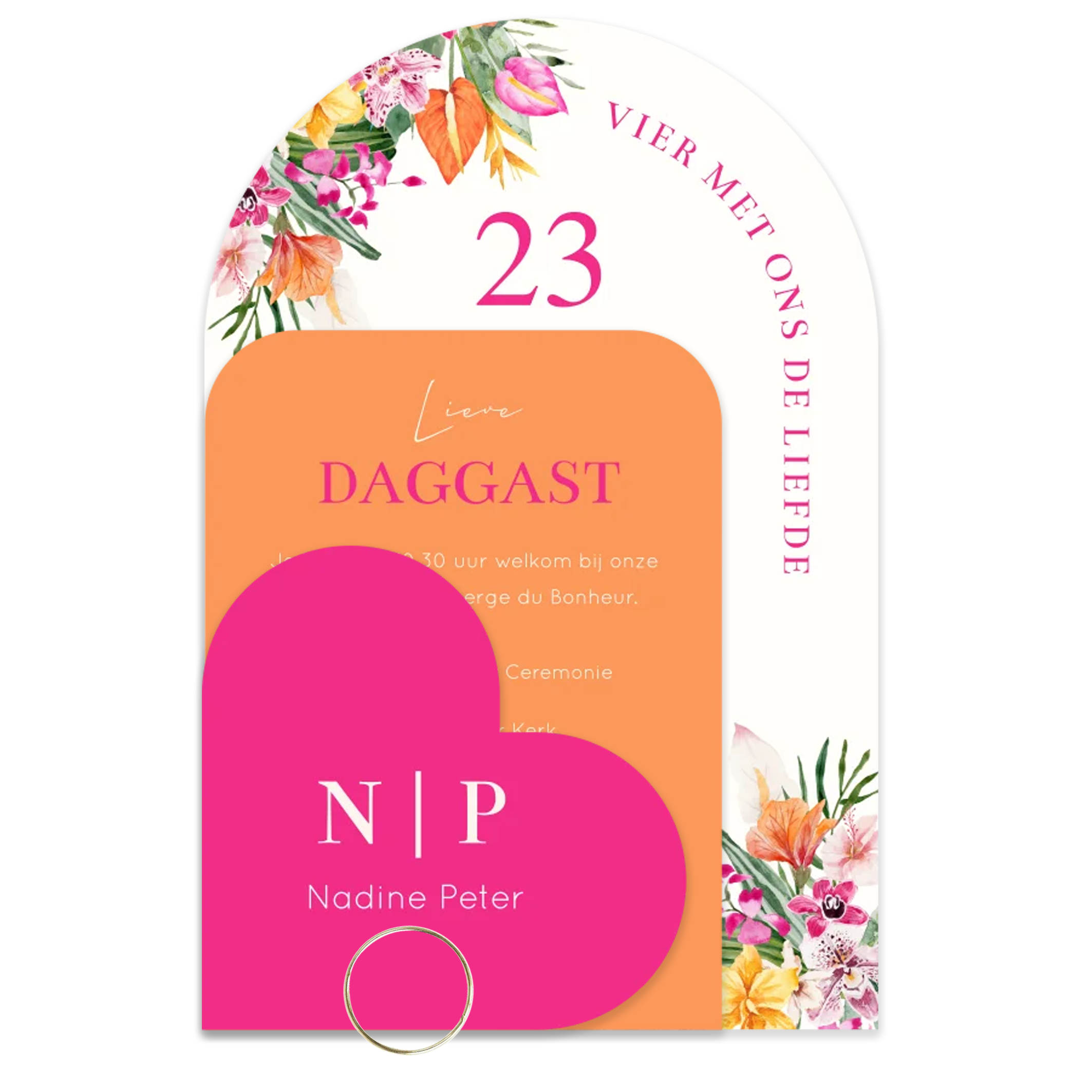 Trouwkaart labelkaart tropisch oranje roze | 11.4 × 17.1 cm