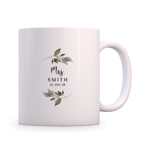 Personalisierte Tasse Mrs mit Zweige, Hochzeitsgeschenk