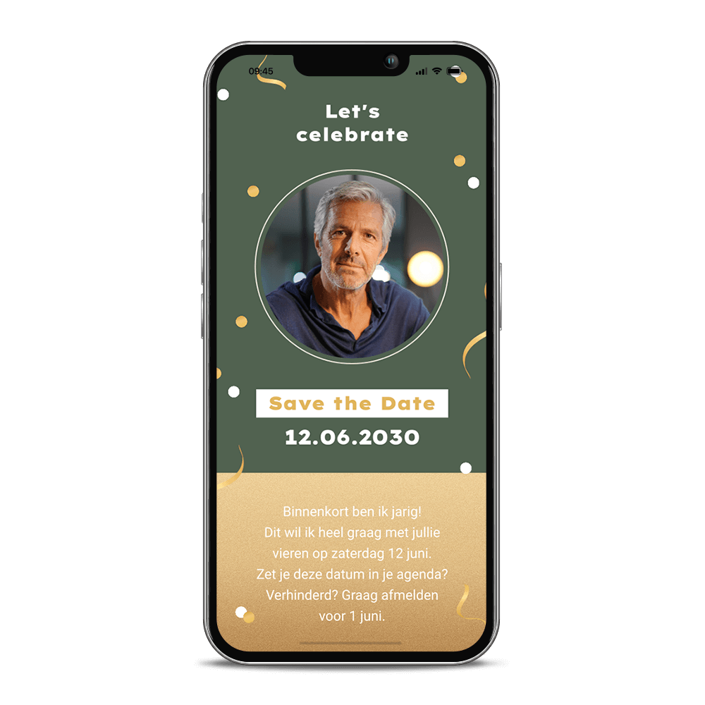 Verjaardag uitnodiging digitaal met confetti en eigen foto