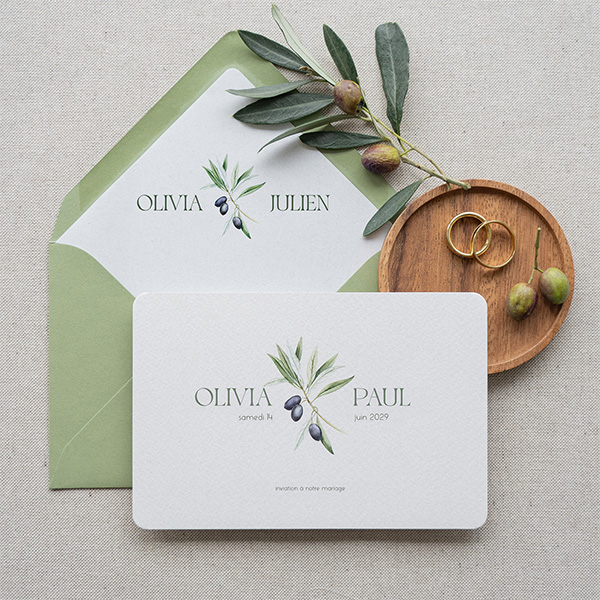 Faire-part de mariage avec des branches d'oliviers