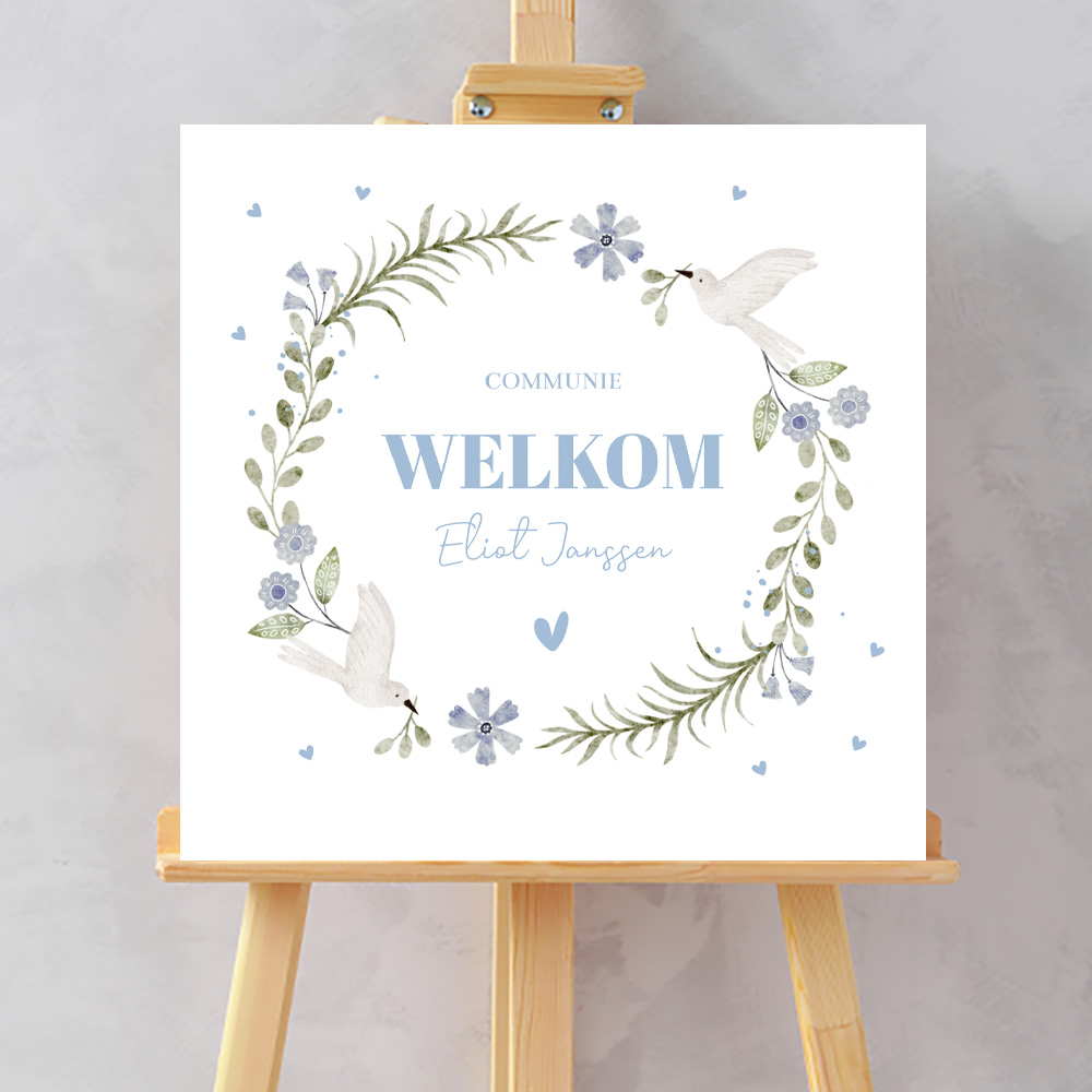 Welkomstbord bloemenkrans vogels blauw jongen