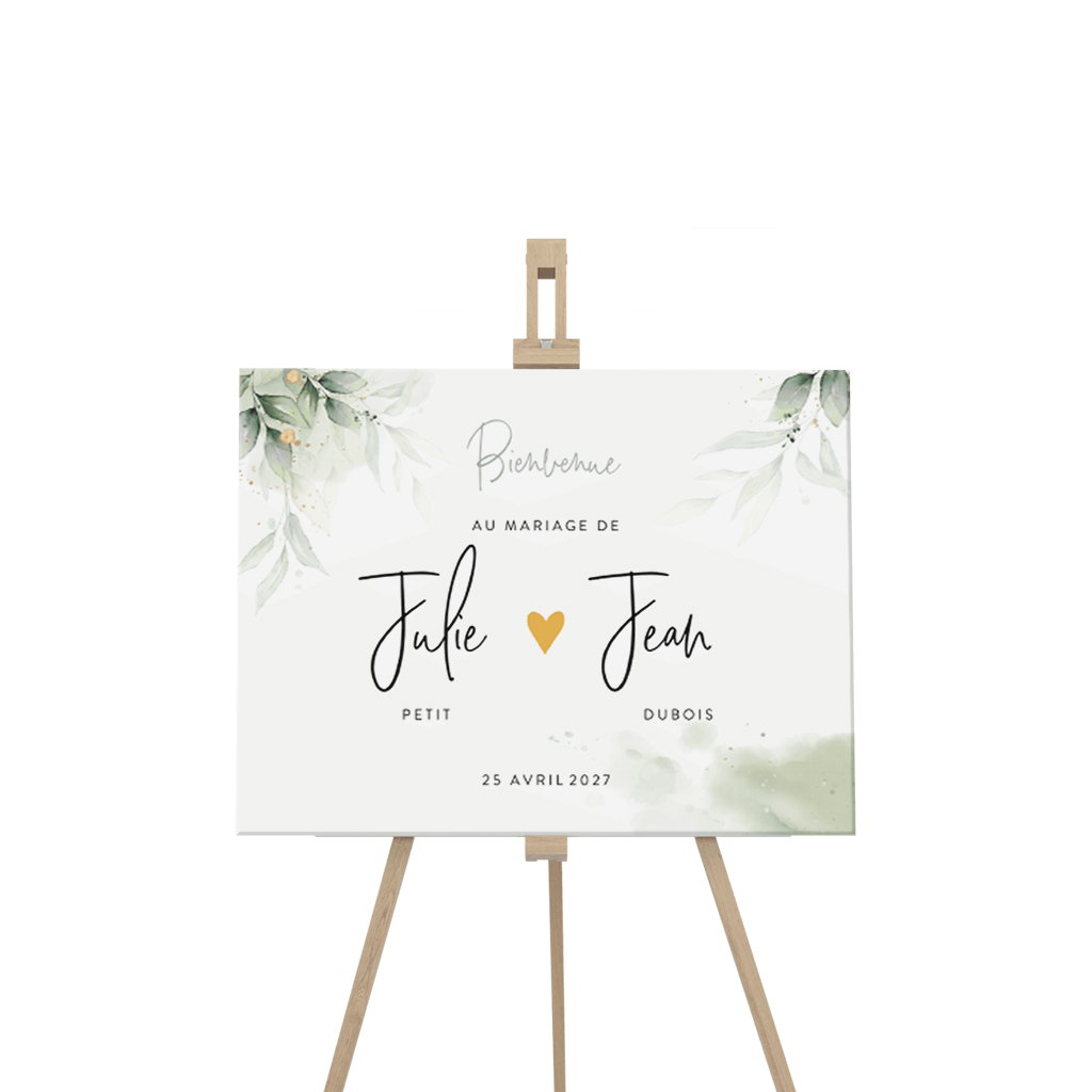 Panneau de bienvenue avec des feuillages et un cœur