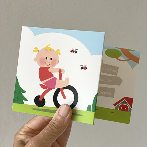 Drieluik geboortekaartje meisje fiets dieren boom