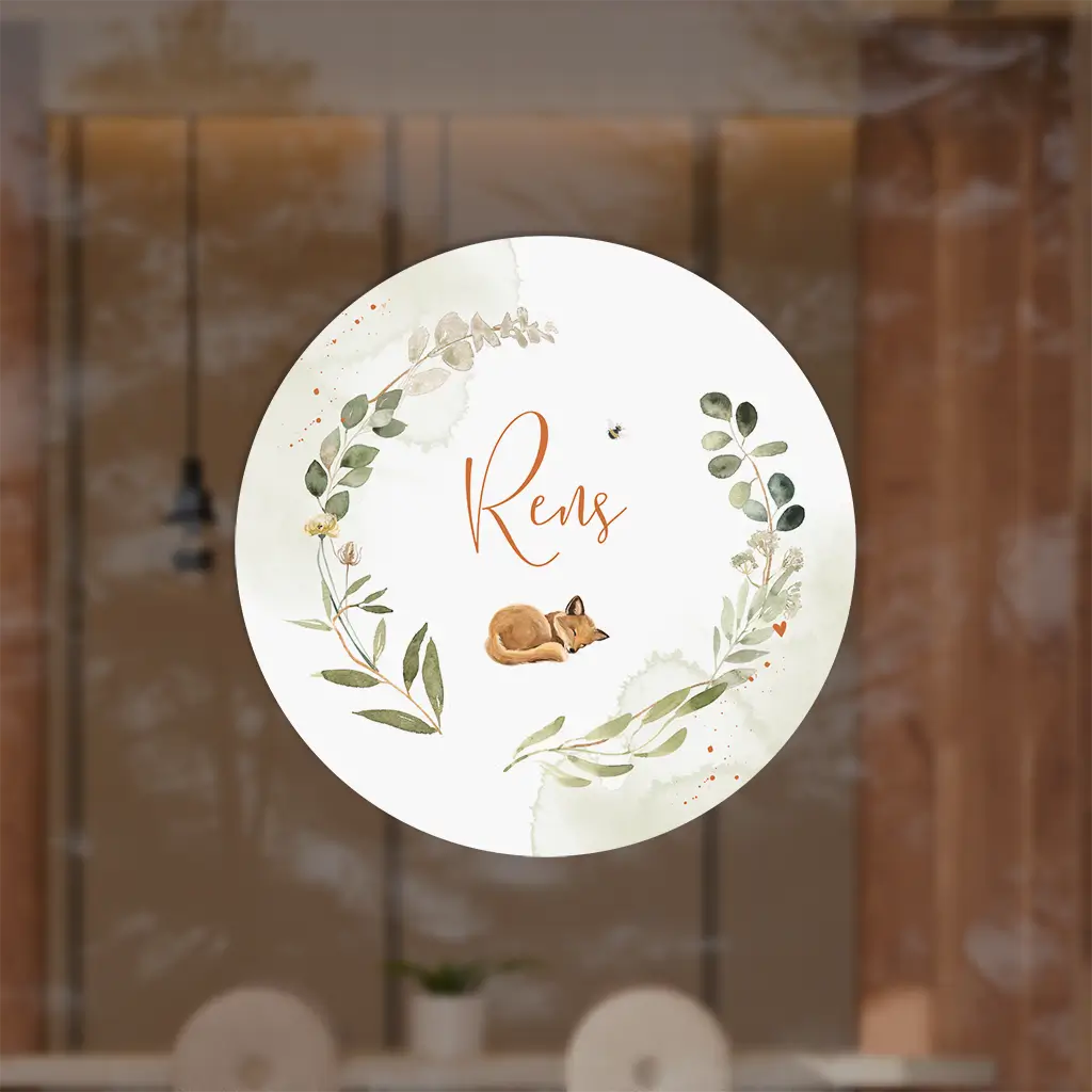 Ronde raamsticker met watercolour en slapend vosje