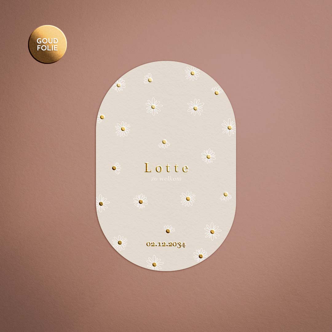 Lief geboortekaartje met madeliefjes met goud op lange ovaal