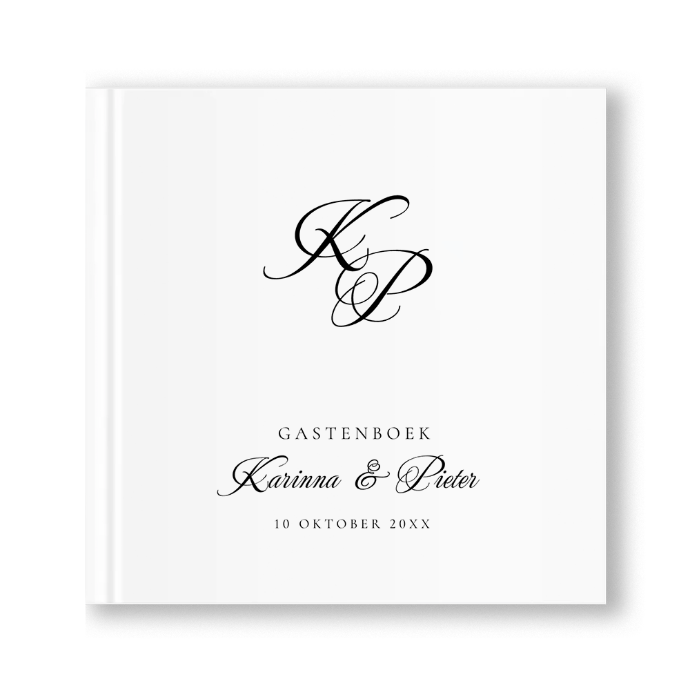 Gastenboek bruiloft zwart wit sierlijke letters initialen naam