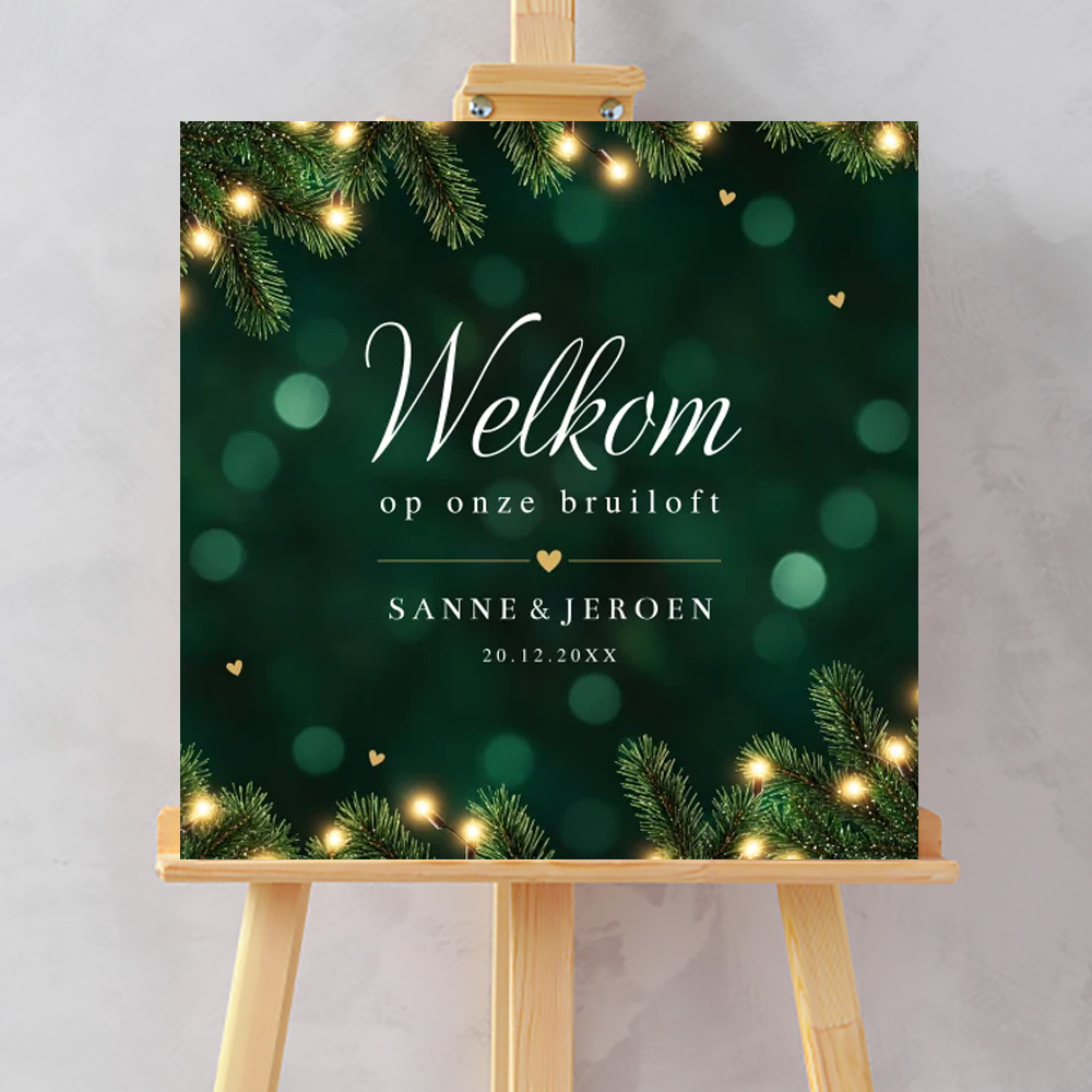 Welkomstbord bruiloft kerst groen takjes