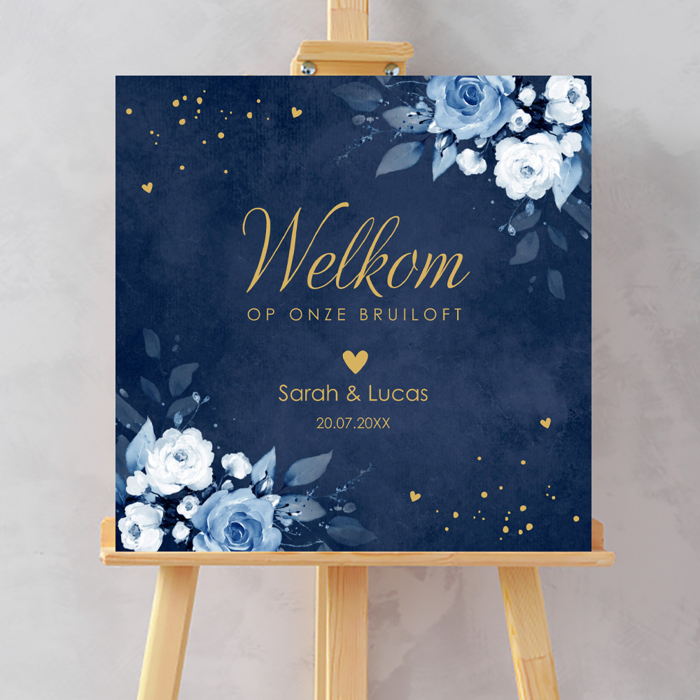 Welkomstbord bruiloft blauw bloemen rozen 70x70 cm