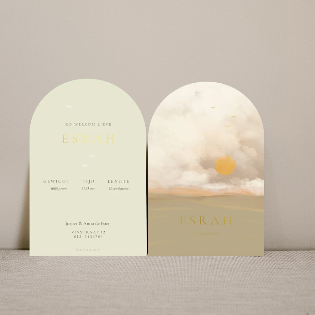 Geboortekaart boog zon watercolor illustratie groen