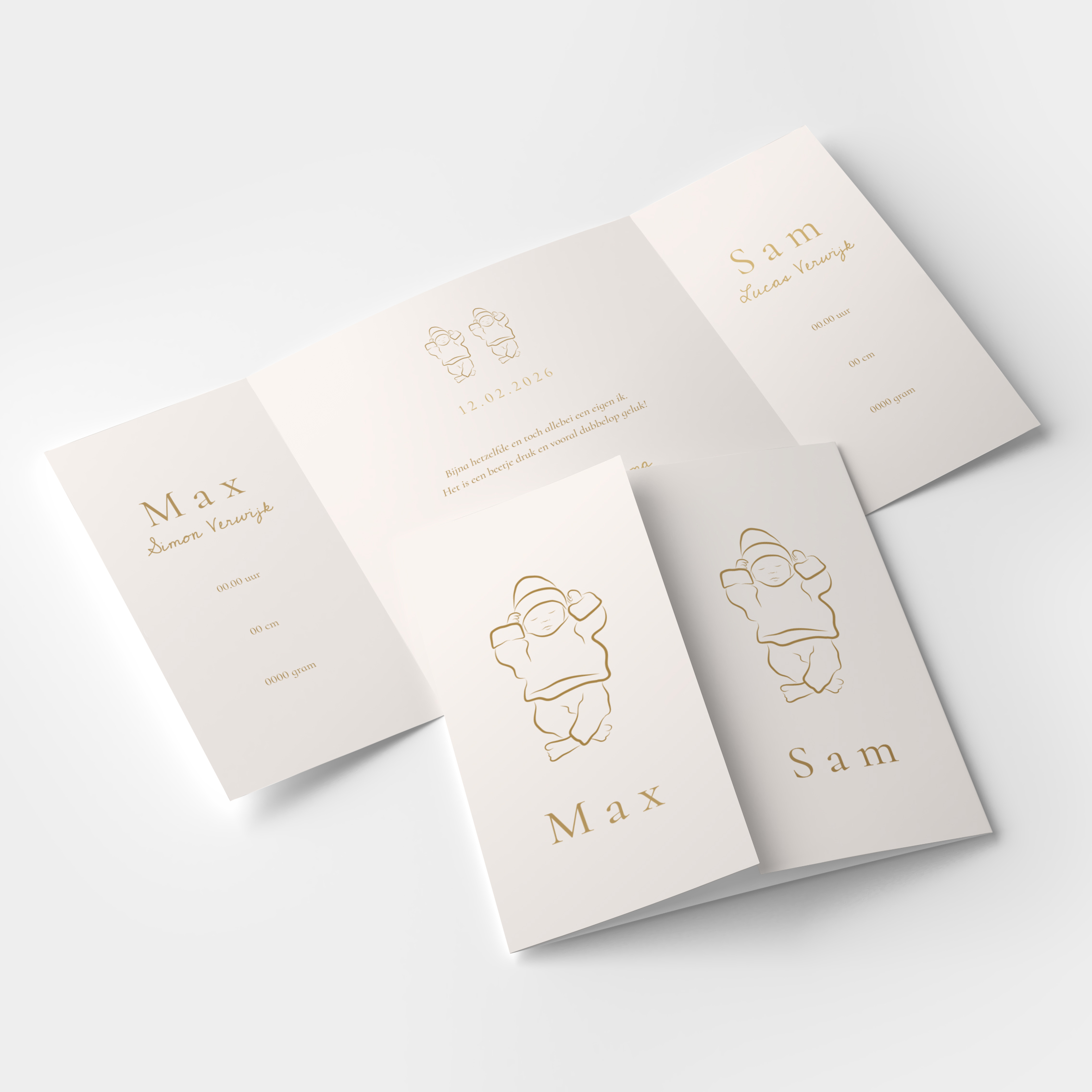 Luikvouw kaartje tweeling lijntekening baby goudfolie