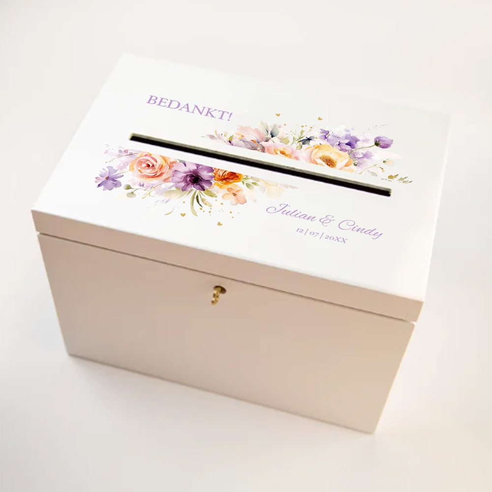 Enveloppenkist bruiloft bloemen paars oranje