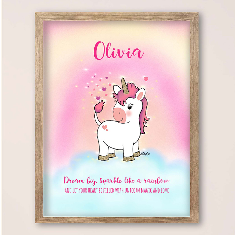 Unicorn kinderkamerposter met naam – magisch en sprankelend